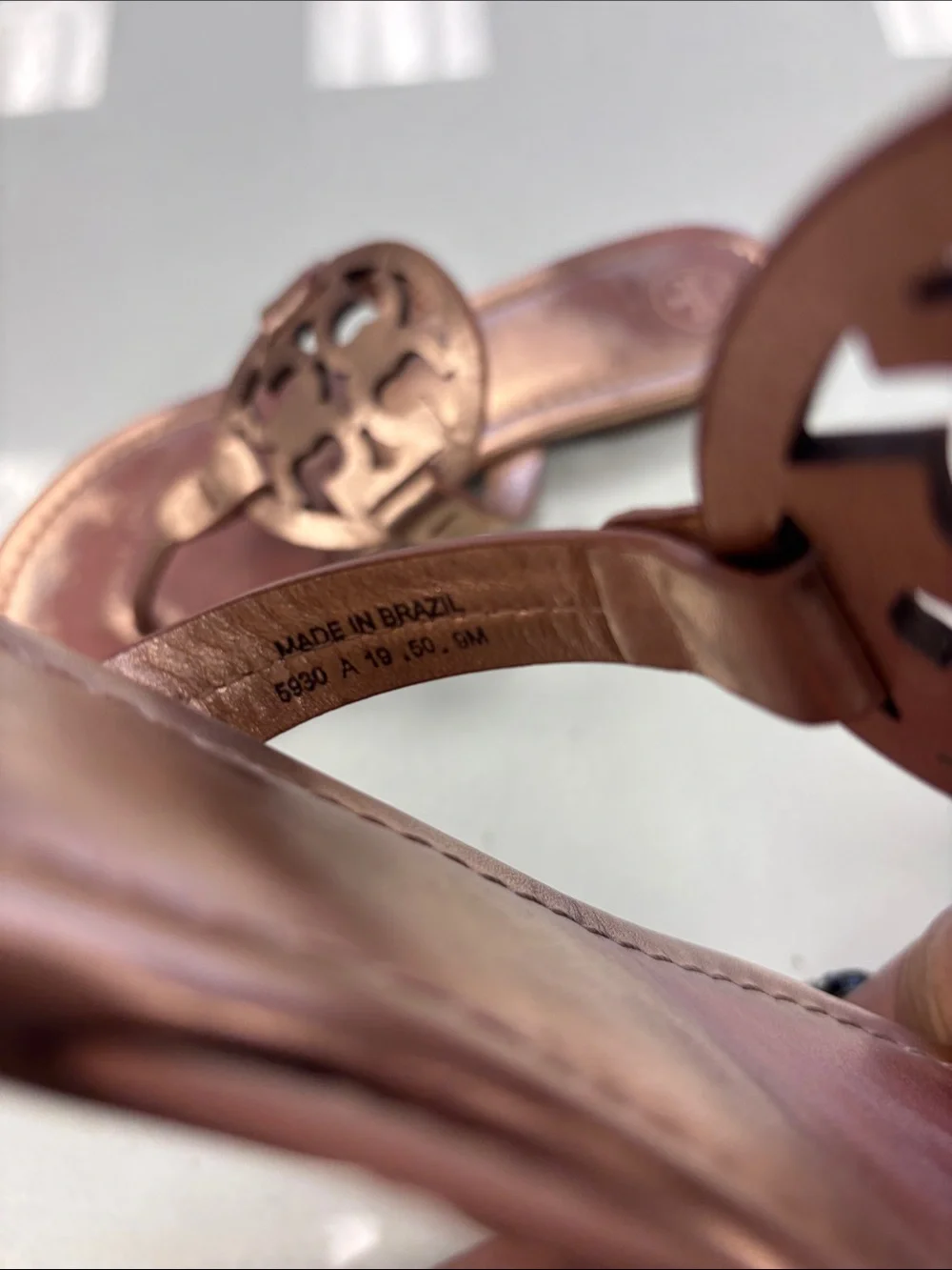 Tory Burch Rose Gold Leather Logo Sandals